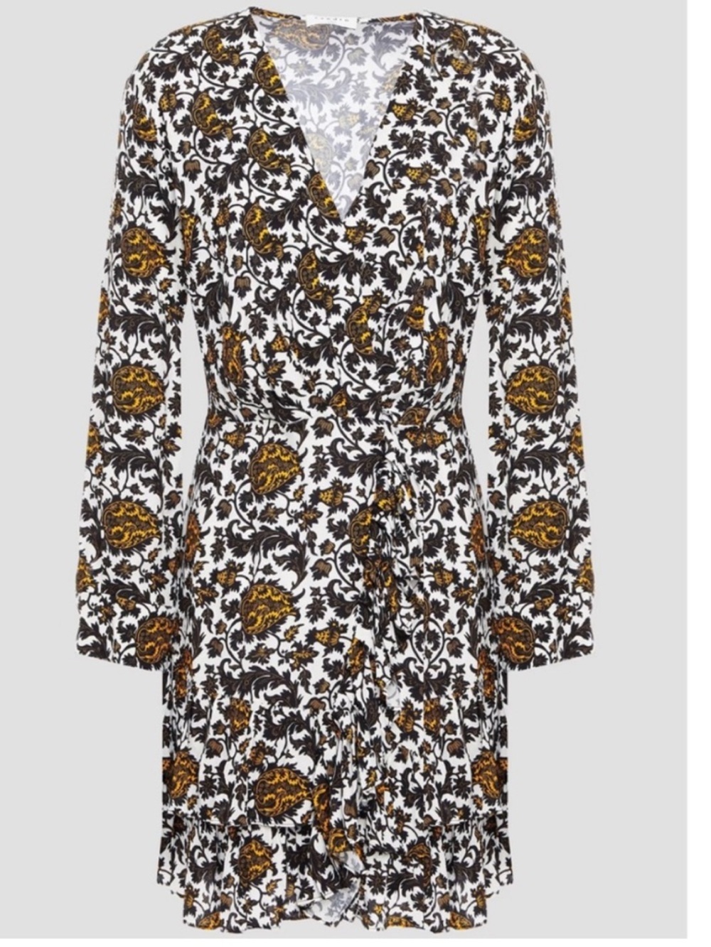Sandro Paris | Printed Wrap Mini Dress | NWT | 34 / XS | Ecru Black Gold Floral